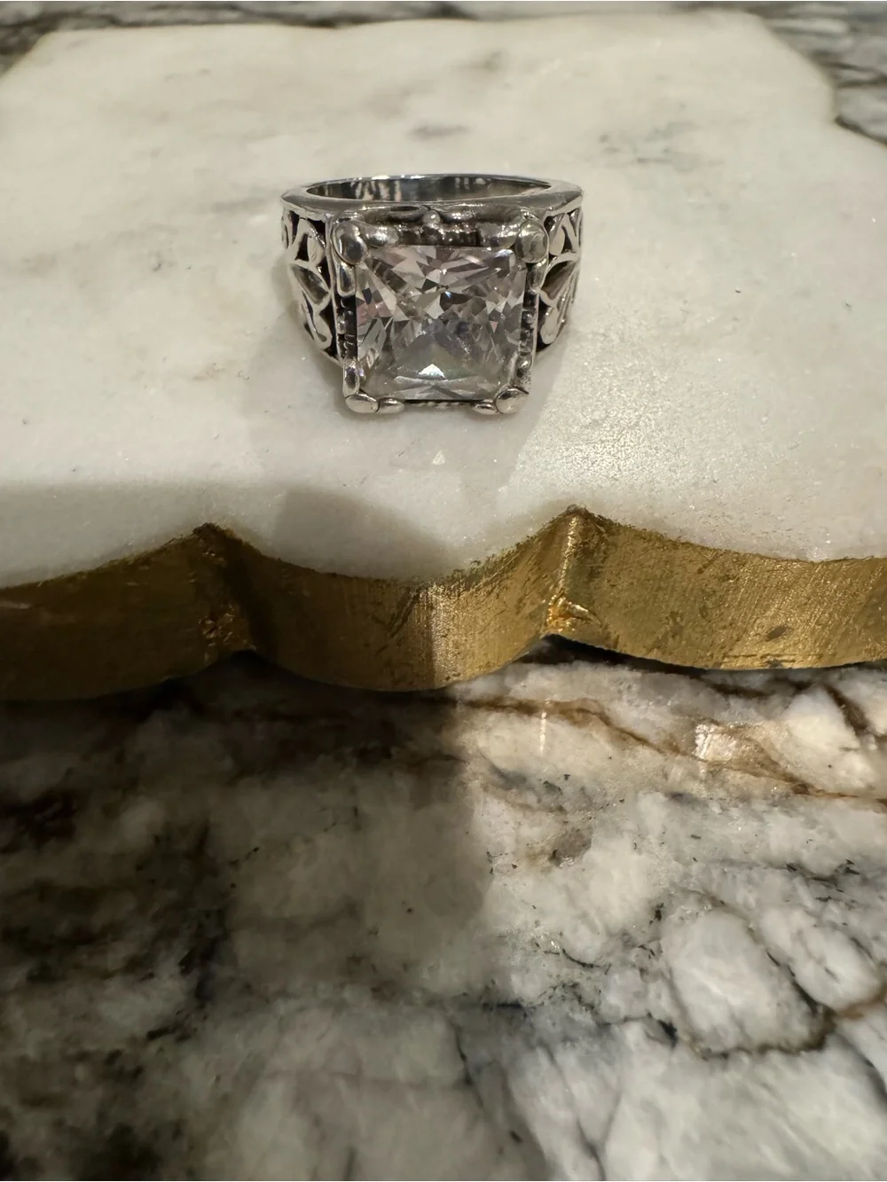 Vintage 925 Silver Ring with Square Clear Cubic Zirconia Prong Set fine Jewelry